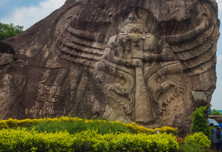 Garuda carve on cliff in Public & Famous Temple, Sakon Nakhon Thailandの写真素材