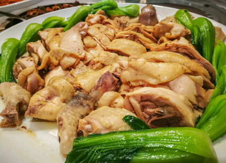 closeup boiled chicken with sauce, dish is deliciousの写真素材