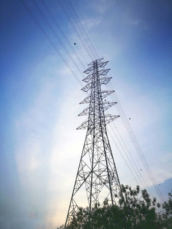 high voltage on blue sky with silhouette tree