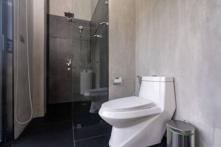 interior real bathroom features basin, toilet bowl in the houseの写真素材