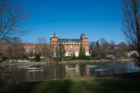 The Castle of Valentino reflected in the Po river Turin, Italyのeditorial素材