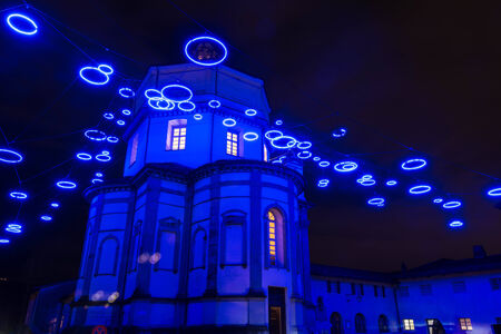 Blue lights on the Monte dei Cappuccini church in Turin, Italy