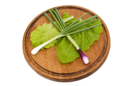 mix lettuce, sorrel and onions on a wooden matの写真素材