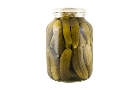 pickles in a jar isolated on white backgroundの写真素材