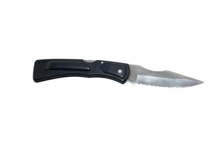 hunting or fishing folding knife with a black handle isolated on white backgroundの写真素材