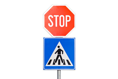 stop sign with pedestrian crossing isolated on white backgroundの写真素材