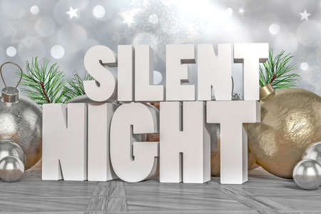 Silent Night 3D text with decorative elements in backgroundの写真素材
