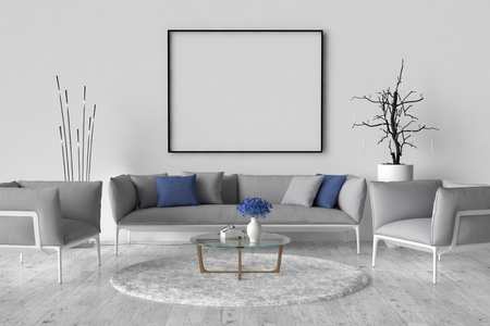 Living room, sofa, two chairs and table. On the wall of an empty picture frame. 3D illustration