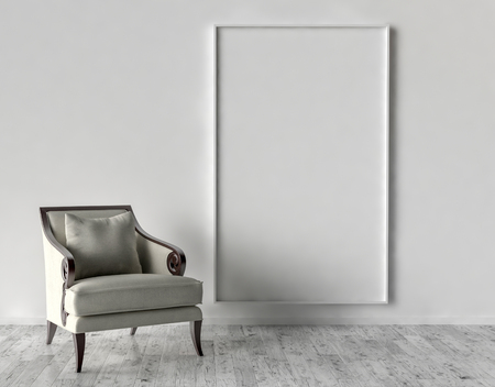 Solo chair and blank picture frame background, 3d renderの写真素材