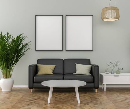 Blank Picture frame on the wall, a vase, interior plant, sofa, table and chandelier