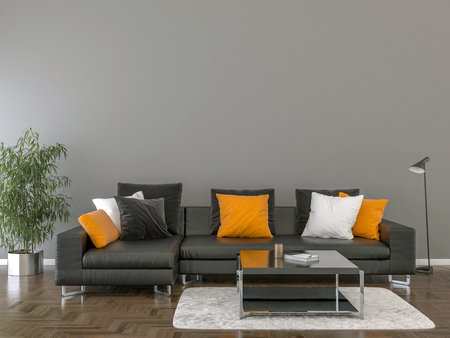 Living room interior with black sofa, pillows and coffee table on light wall background. 3D...