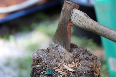 The ax is stabbed with a blade into the stump