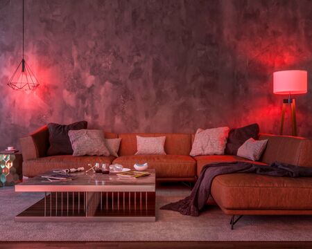 Interior at night with two lamps, a sofa, a table, a carpet and an empty wall. The light is red. 3d illustrationの写真素材