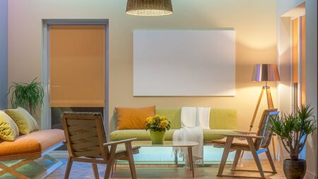 Modern Livingroom with colored led light - Picture background. 3D render