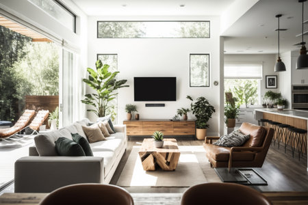 The illustration depicts a modern, well-lit apartment with contemporary design elements and great natural or artificial light sources to create a bright and inviting space.の素材