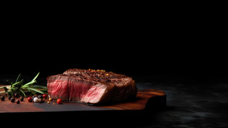 This juicy steak is cooked to perfection with a charred crust and served on a dark wooden base. The aromatic spices, including garlic, pepper, rosemary, and thyme, elevate the flavor of the succulent meat, making it a mouth-watering and satisfying dish.の素材