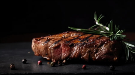 This juicy steak is cooked to perfection with a charred crust and served on a dark wooden base. The aromatic spices, including garlic, pepper, rosemary, and thyme, elevate the flavor of the succulent meat, making it a mouth-watering and satisfying dish.の素材