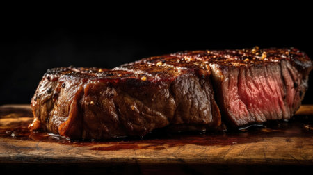 This juicy steak is cooked to perfection with a charred crust and served on a dark wooden base. The aromatic spices, including garlic, pepper, rosemary, and thyme, elevate the flavor of the succulent meat, making it a mouth-watering and satisfying dish.の素材