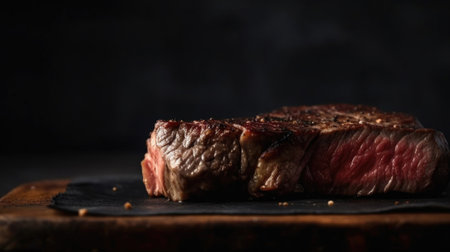 This juicy steak is cooked to perfection with a charred crust and served on a dark wooden base. The aromatic spices, including garlic, pepper, rosemary, and thyme, elevate the flavor of the succulent meat, making it a mouth-watering and satisfying dish.の素材