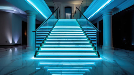 Stairs with LED lighting can add a modern and sleek aesthetic to any interior space. The illumination not only provides a stylish touch but also serves as a functional feature to ensure safe navigation in low light conditionsの素材