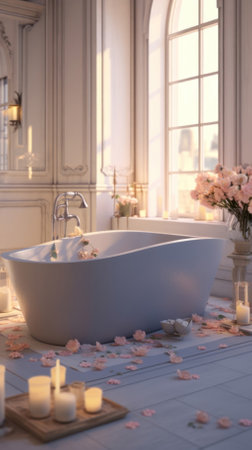 A large pink bathroom with a big tub and mirror, light emerald and light amber, soft tonal transitions, soft, dreamy scenes in pink, loose paint application, light orange, and light gray,の素材