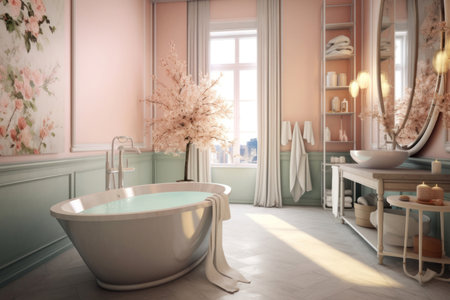 A large pink bathroom with a big tub and mirror, light emerald and light amber, soft tonal transitions, soft, dreamy scenes in pink, loose paint application, light orange, and light gray,の素材