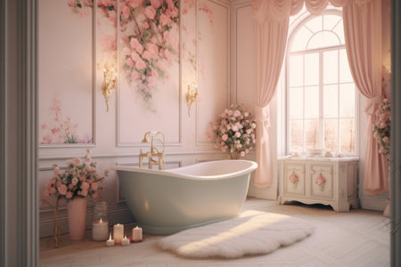 A large pink bathroom with a big tub and mirror, light emerald and light amber, soft tonal transitions, soft, dreamy scenes in pink, loose paint application, light orange, and light gray,の素材