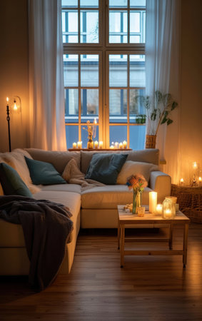 A living room with candles and with a window, in the style of soft lighting, comfy core, happenings, mood lighting, light amber, and indigo, joyful and optimistic, romantic themesの素材
