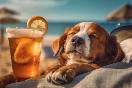 A dog with sunglasses is enjoying the beach, a refreshing drink is standing next to him. The idea is to evoke that warmth and refreshment with a little humorの素材