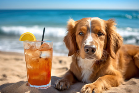 A dog with sunglasses is enjoying the beach, a refreshing drink is standing next to him. The idea is to evoke that warmth and refreshment with a little humorの素材