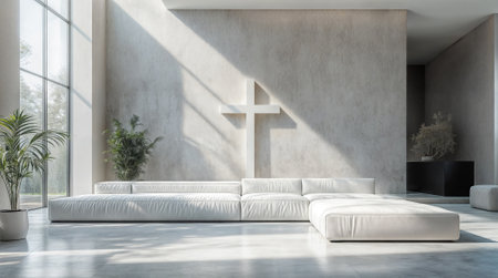 A minimalist living room features a large, white sectional sofa, a wooden cross on a textured wall, and large windows that let in natural light. The room is decorated with neutral colors and simple furnishings, creating a serene and spiritual atmosphere.の素材