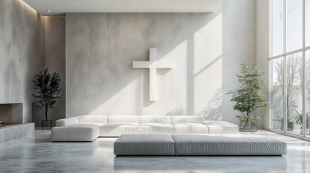 A minimalist living room features a large, white sectional sofa, a wooden cross on a textured wall, and large windows that let in natural light. The room is decorated with neutral colors and simple furnishings, creating a serene and spiritual atmosphere.の素材