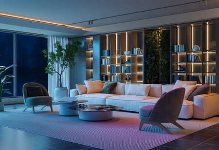 living room in a nighttime ambiance. Artificial lighting takes center stage, with emphasized lights within the shelving unit creating a warm and intimate atmosphere. 3D render.の写真素材