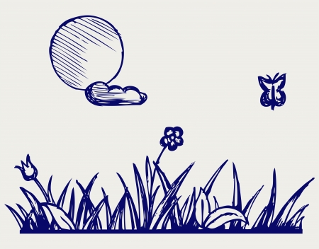 Grass and flower  Doodle styleのイラスト素材