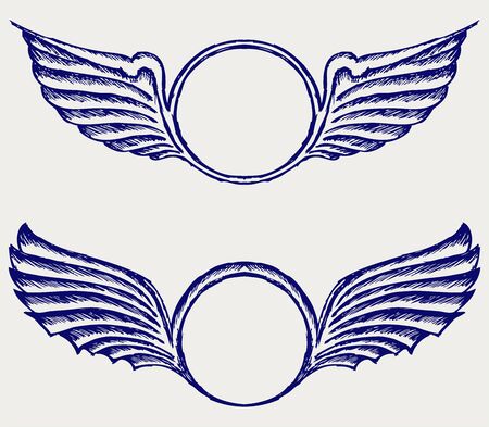 Shield with wings. Doodle styleのイラスト素材