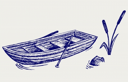 Wooden boat with paddles. Doodle styleのイラスト素材