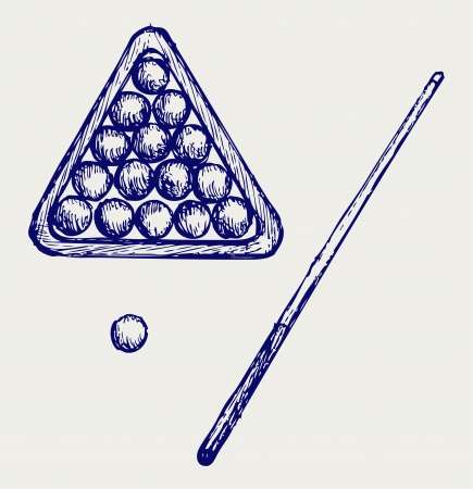 illustration of billard cues and balls. Doodle styleのイラスト素材