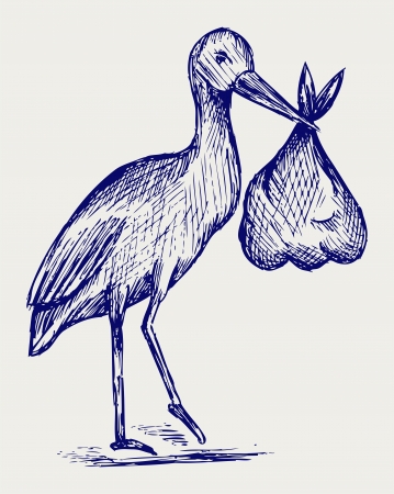 Stork and baby. Doodle styleのイラスト素材