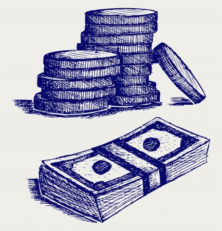 Coins with dollar bill. Doodle styleのイラスト素材