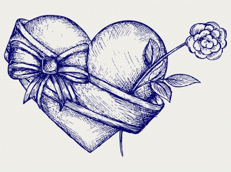 Heart with ribbon and flower. Doodle styleのイラスト素材