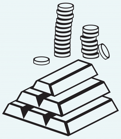 Gold ingots and coins isolated on blue backgroundのイラスト素材