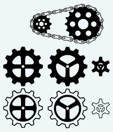 Chain gears and set cogs isolated on blue backgroundのイラスト素材