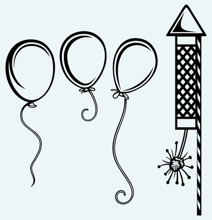 Rocket fireworks and balloon  Image isolated on blue backgroundのイラスト素材