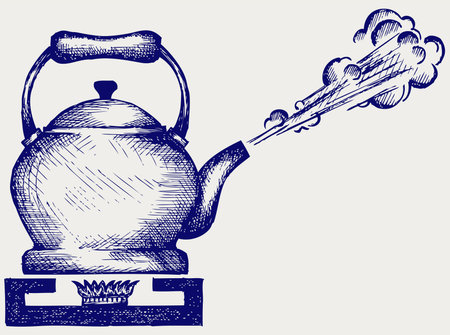 Tea kettle on gas stove  Doodle styleのイラスト素材