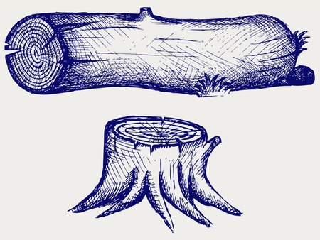 Old tree stump and log  Doodle styleのイラスト素材