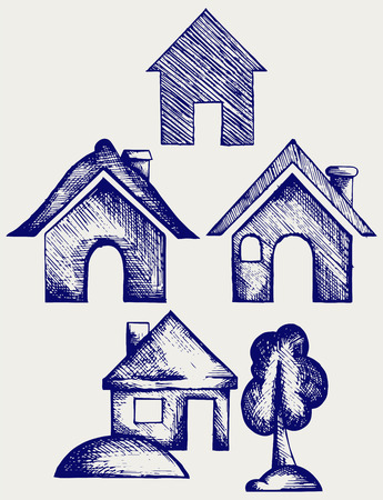 Houses icons set. Doodle styleのイラスト素材