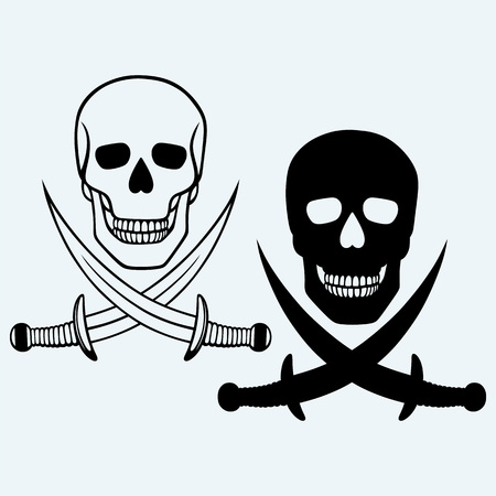 Skull and crossed swords. Isolated on blue backgroundのイラスト素材