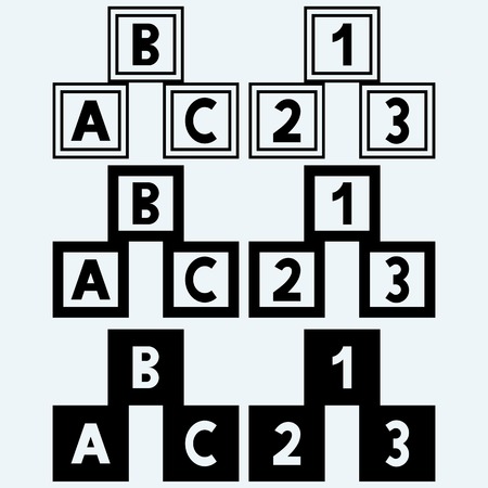 Alphabet cubes with A, B, C letters and numerals. Isolated on blue backgroundのイラスト素材