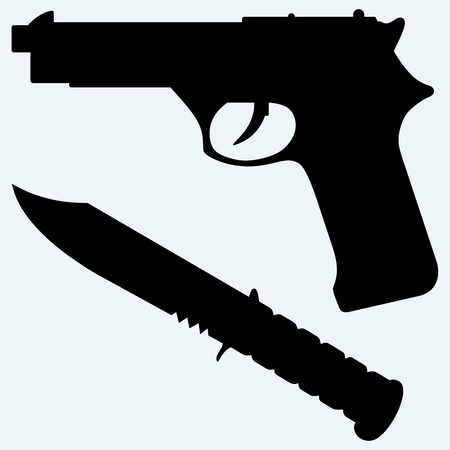 Silhouette of a knife and gun icon. Isolated on blue background. Vector silhouettesのイラスト素材