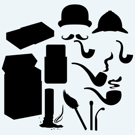 Set of tobacco pipes, cigarette butt, pack of cigarettes and match. Isolated on blue background. Vector silhouettesのイラスト素材